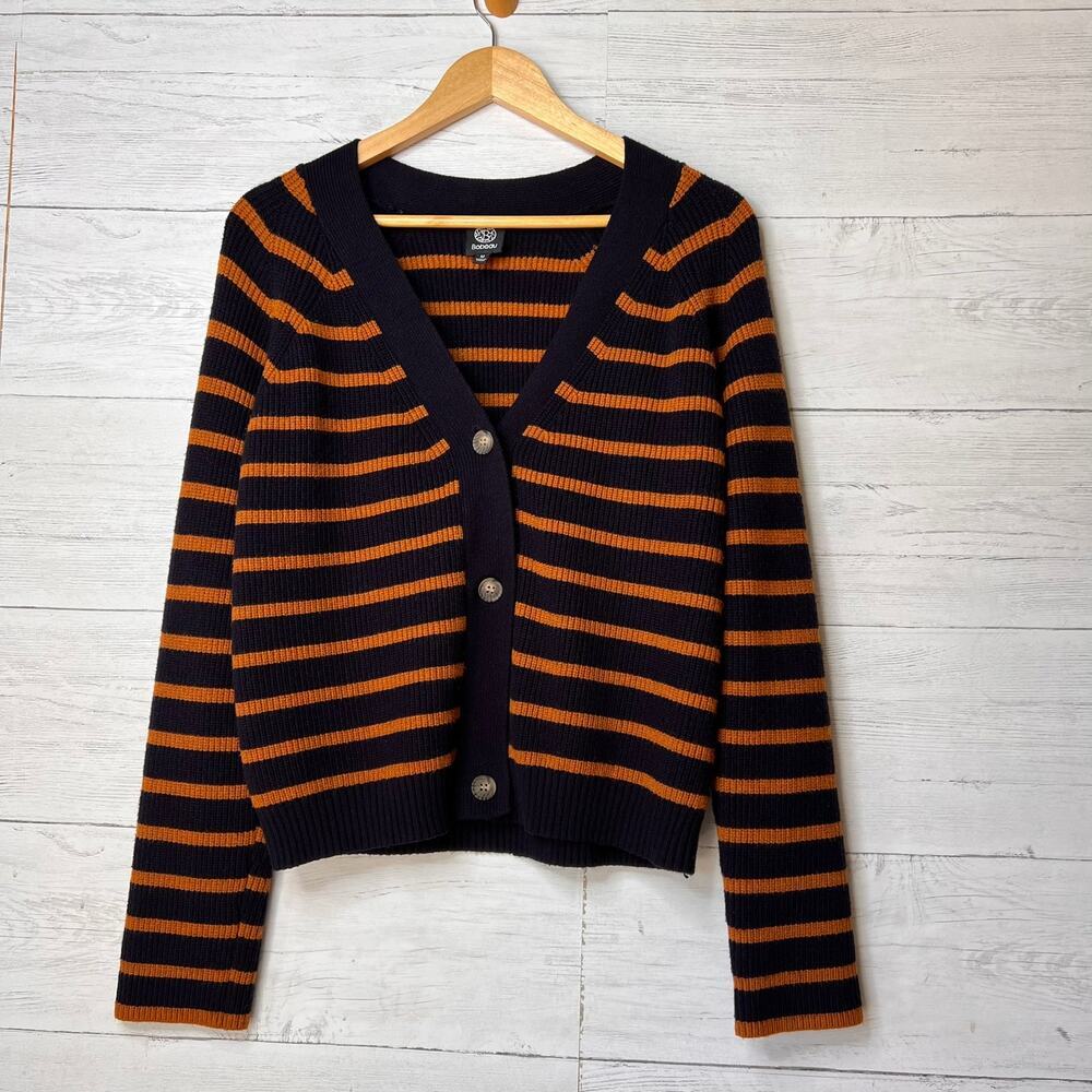 Bobeau Sweater Womens Size Medium Navy & Brown Striped Button Down Academia
